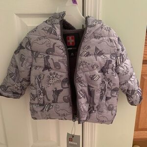 Brand New Baby Toddler Boys Puffer Coat by Swiss Tech Grey Dinosaur Pattern 12M